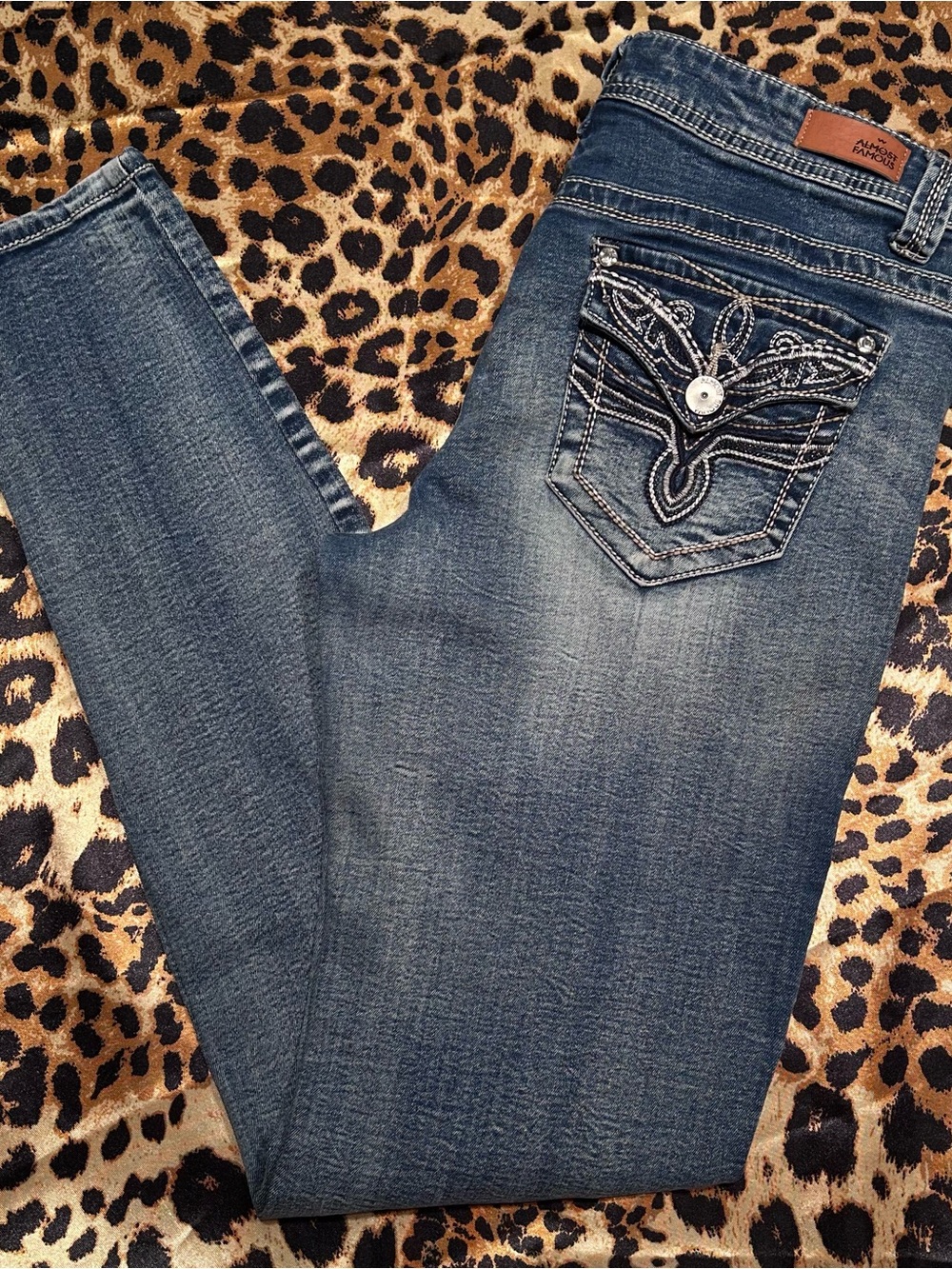 Almost Famous Distressed Blue Denim Skinny Jeans with Rhinestone Pockets